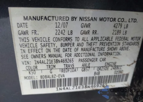 2008 Nissan Altima 2.5 S z USA, uszkodzony, nr VIN 1N4AL21E38N469265